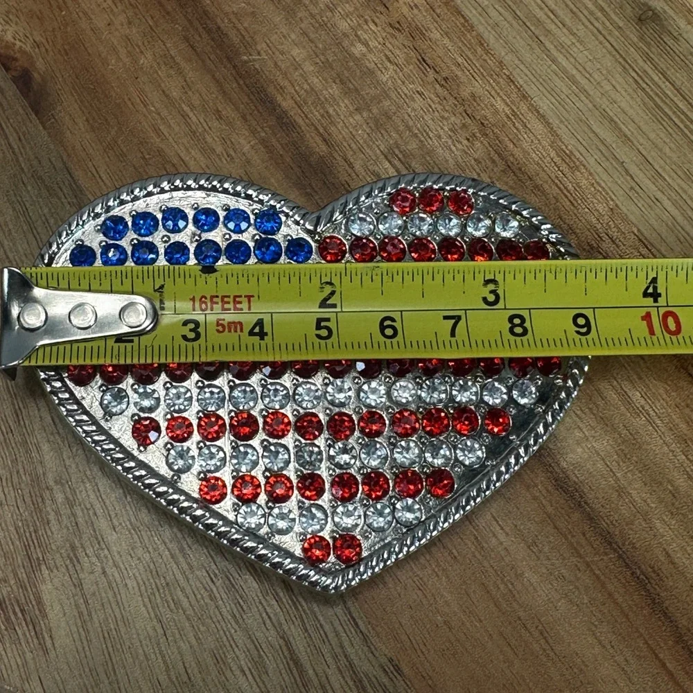Y2K Heart American Flag Rhinestone Belt Buckle Silver 3.5